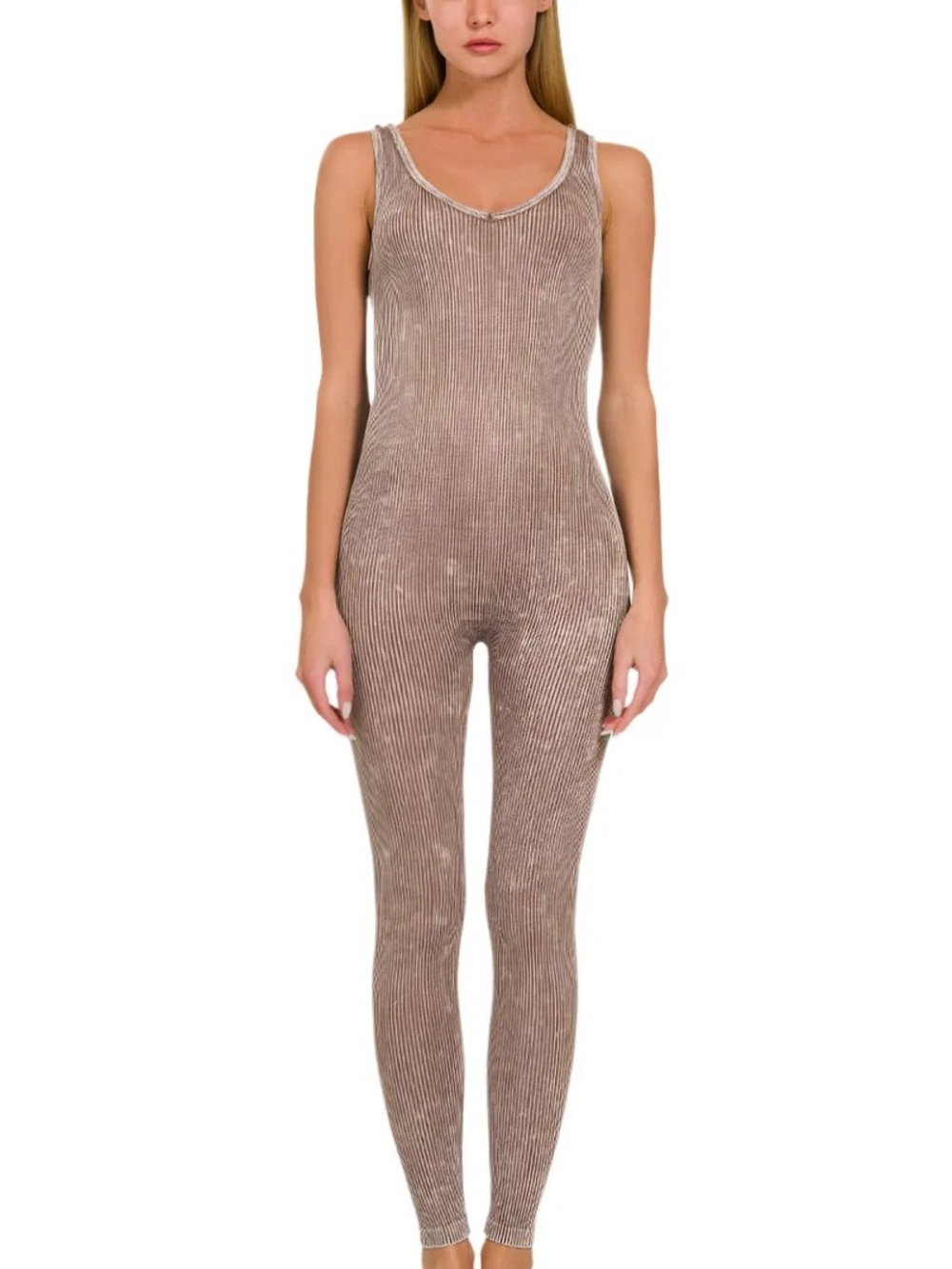 Zenana Ribbed Sleeveless Jumpsuit in mocha